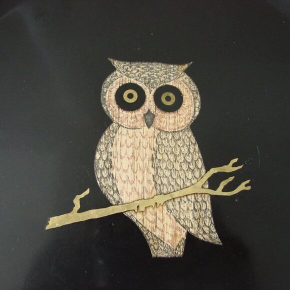 Vintage Couroc 10.5" Owl Black Round Serving Tray Plate Brass Wood Inlay MCM - Picture 4 of 8